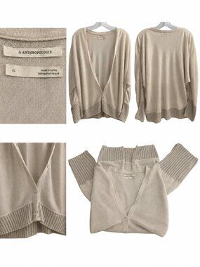 Anthropologie Cream & Grey Colorblock Lightweight Knit Cardigan Sweater XL‎